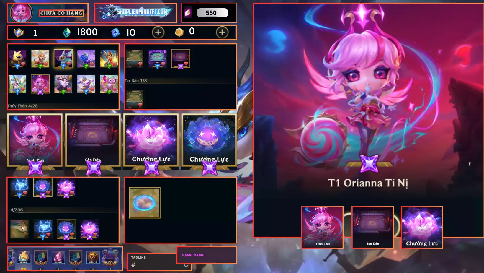 -T1 Orianna Tí Nị - Dư 1 Huy Chương  - 0 Vàng - 4 Tím - 1 Sàn Tím - Dư 1800 Pha Lê - 0 Tí Nị Thường  - 1 Sàn Đỏ - Chưởng Lực Như Ảnh - Unlrank All - Còn Đổi Tên